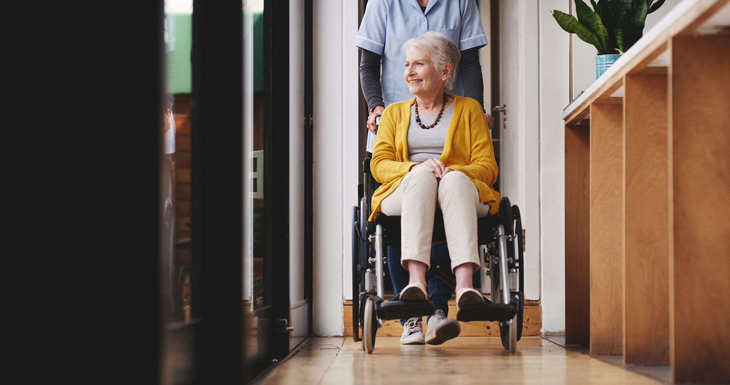 Old woman pushed around in a wheelchair